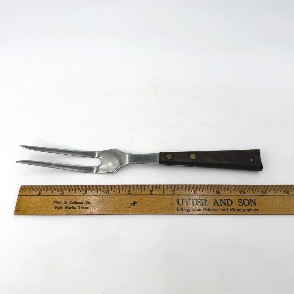 Vintage EMDEKO Stainless Steel‎ Meat Carving Fork Wood Handle Brass Rivets MCM